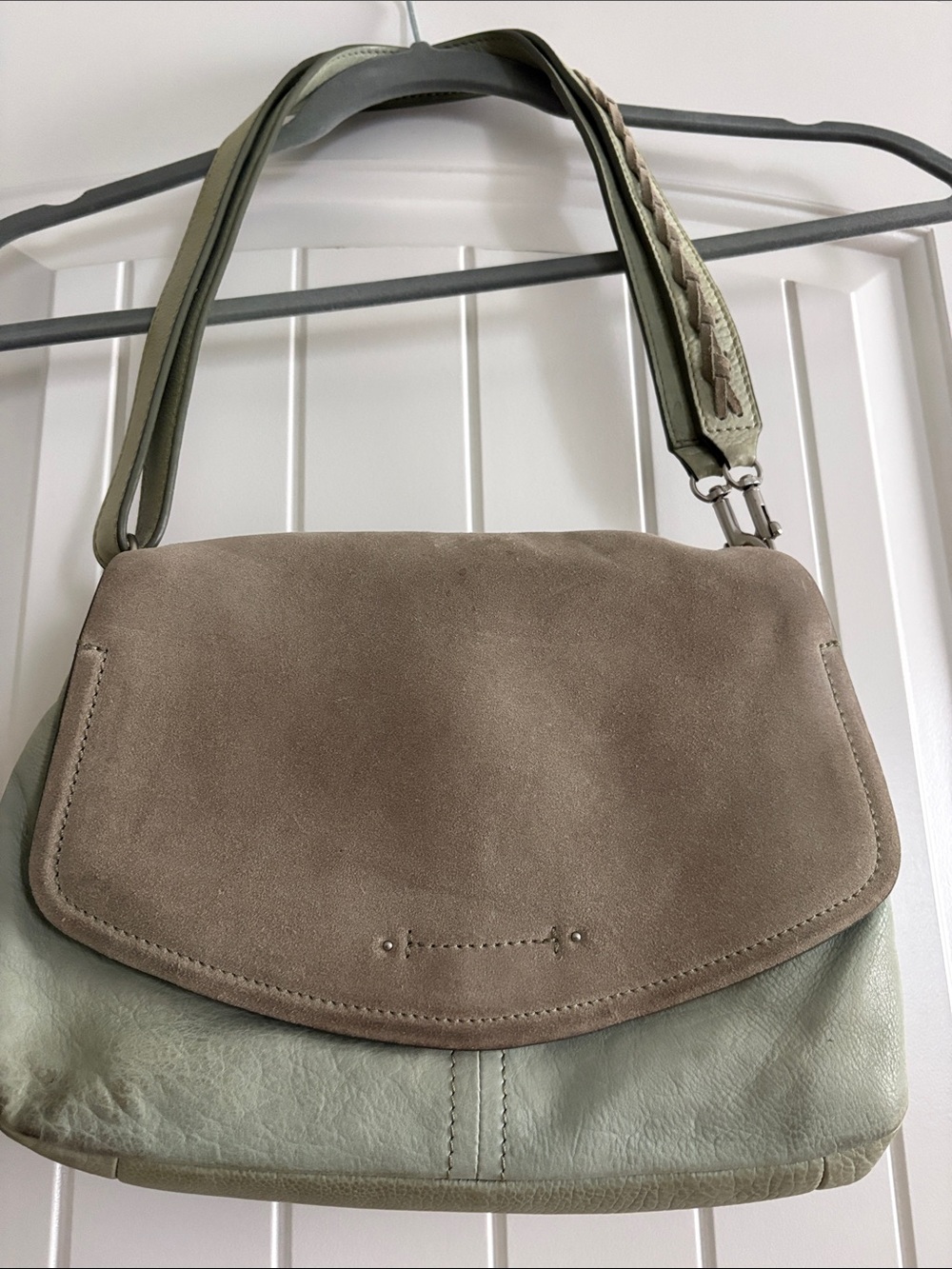 Lucky Brand Suede Leather Shoulder Bag in Taupe and Sage